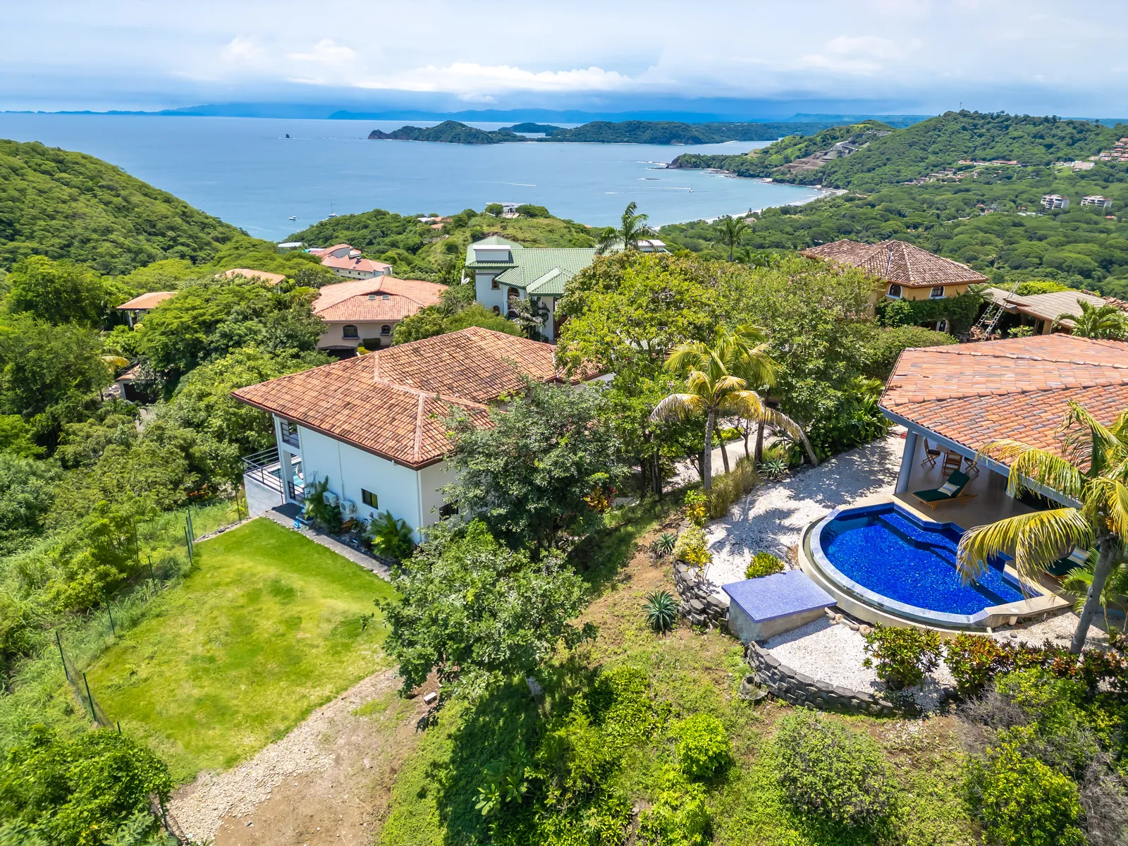 Aerial view of Zindis vacation homes with pool and ocean views in Guanacaste, Costa Rica